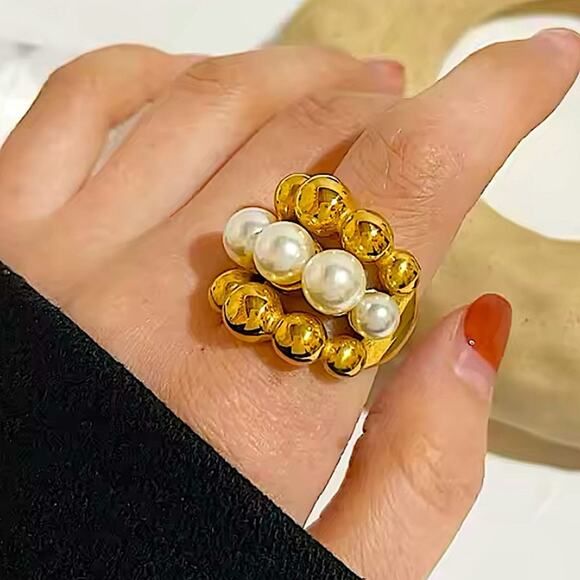 Gold Pearl Large Ball Statement Ring Chunky Exaggerated Cocktail Ring - Picture 2 of 7